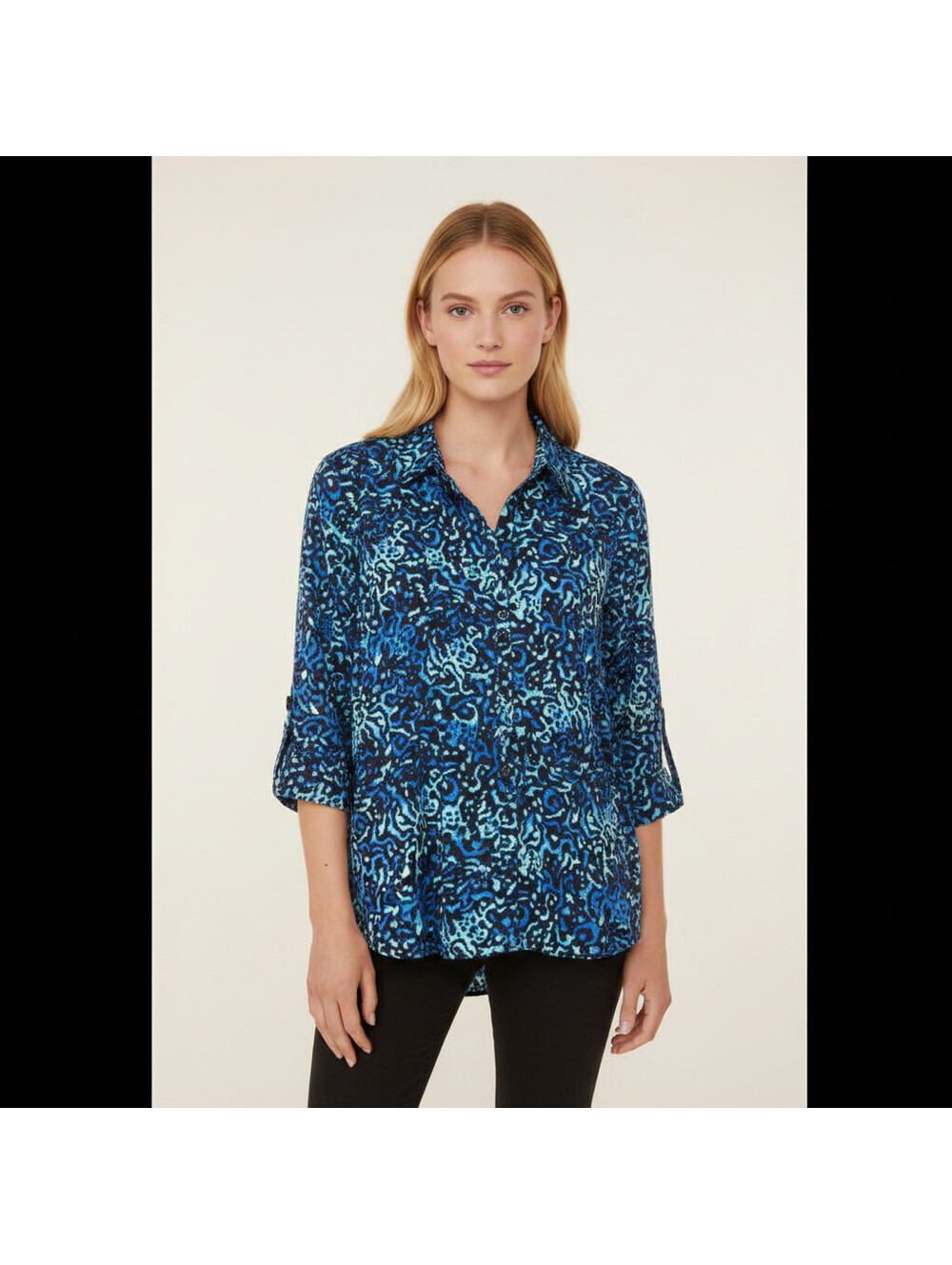 Dana Buchman Shirt Women L Large Blue Geometric Button Up Collared 3/4 Sleeve